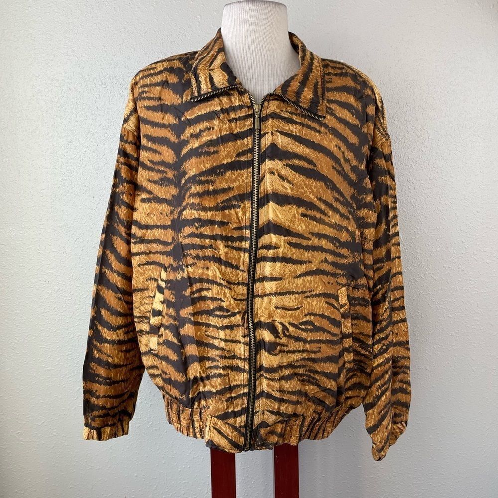 Vintage 80’s East West Silks Tiger Stripe Full Zip Silk Jacket Size M EUC